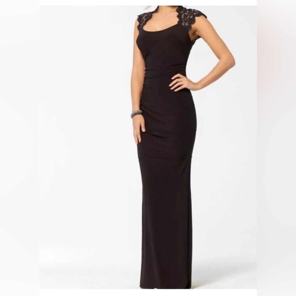 Black metallic lace ruched Cache gown.